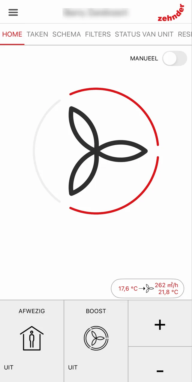 Zehnder ComfoConnect app met live debiet